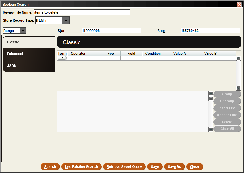 Screenshot of Create Lists query with Record Type field set to Item