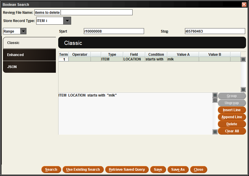 Screenshot of Create Lists query with example of first line showing Item location starts with MLK