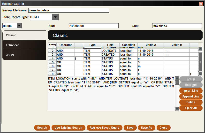 Screenshot of create lists query showing several item status fields grouped within parentheses.