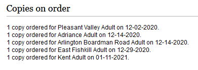 Screenshot of online catalog display showing copies on order
