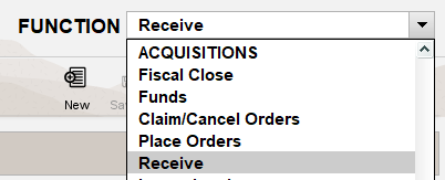 Screenshot of Sierra Function menu showing the "receive" function under the Acquisitions heading.
