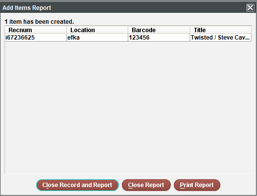Screenshot of Add Items Report