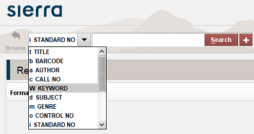 Screenshot of Sierra search bar showing different indexes that can be searched.