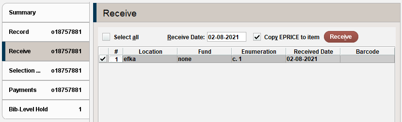 Screenshot of the Receive tab in Sierra showing details for an order record that has not yet been received.