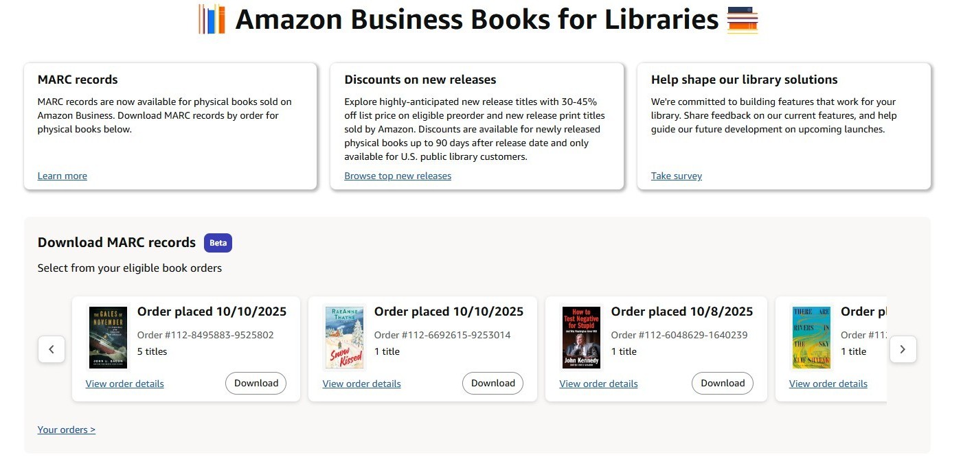 Screenshot of Amazon Library Hub showing several recent orders eligible for MARC record download.