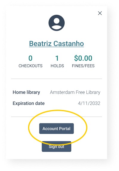 Screenshot of a Vega Discover patron menu with the "Account Portal" button circled in yellow.