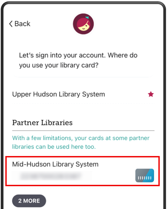 Screenshot of Partner Libraries list with Mid-Hudson Library System card highlighted