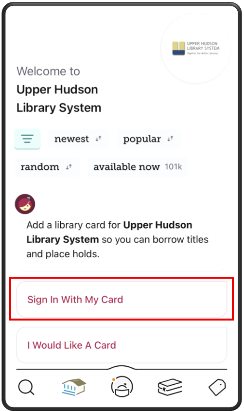 Screenshot of Upper Hudson page with "Sign in with my card" highlighted.